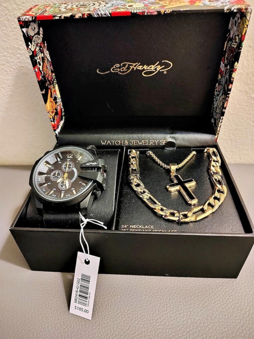 Ed Hardy Men's Matte Black Metal Bracelet Watch 50mm Gift Set